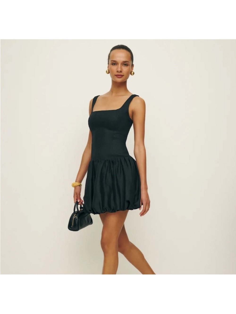 Reformation Black Smocked Mini Dress with Puff Hem